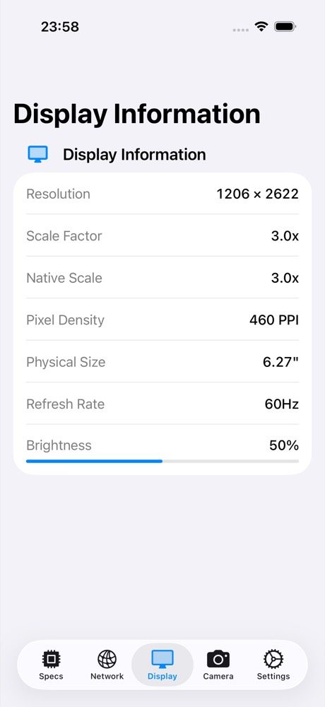 SpecMatrix Display tab listing resolution, scale factor, pixel density, physical size, refresh rate and brightness.