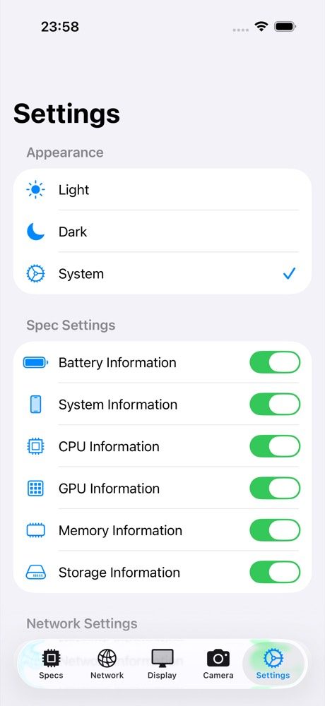 SpecMatrix Settings tab with appearance options and switches for each spec section.
