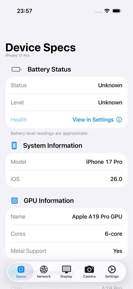 SpecMatrix Specs tab showing battery status, system information and GPU information for an iPhone 17 Pro.